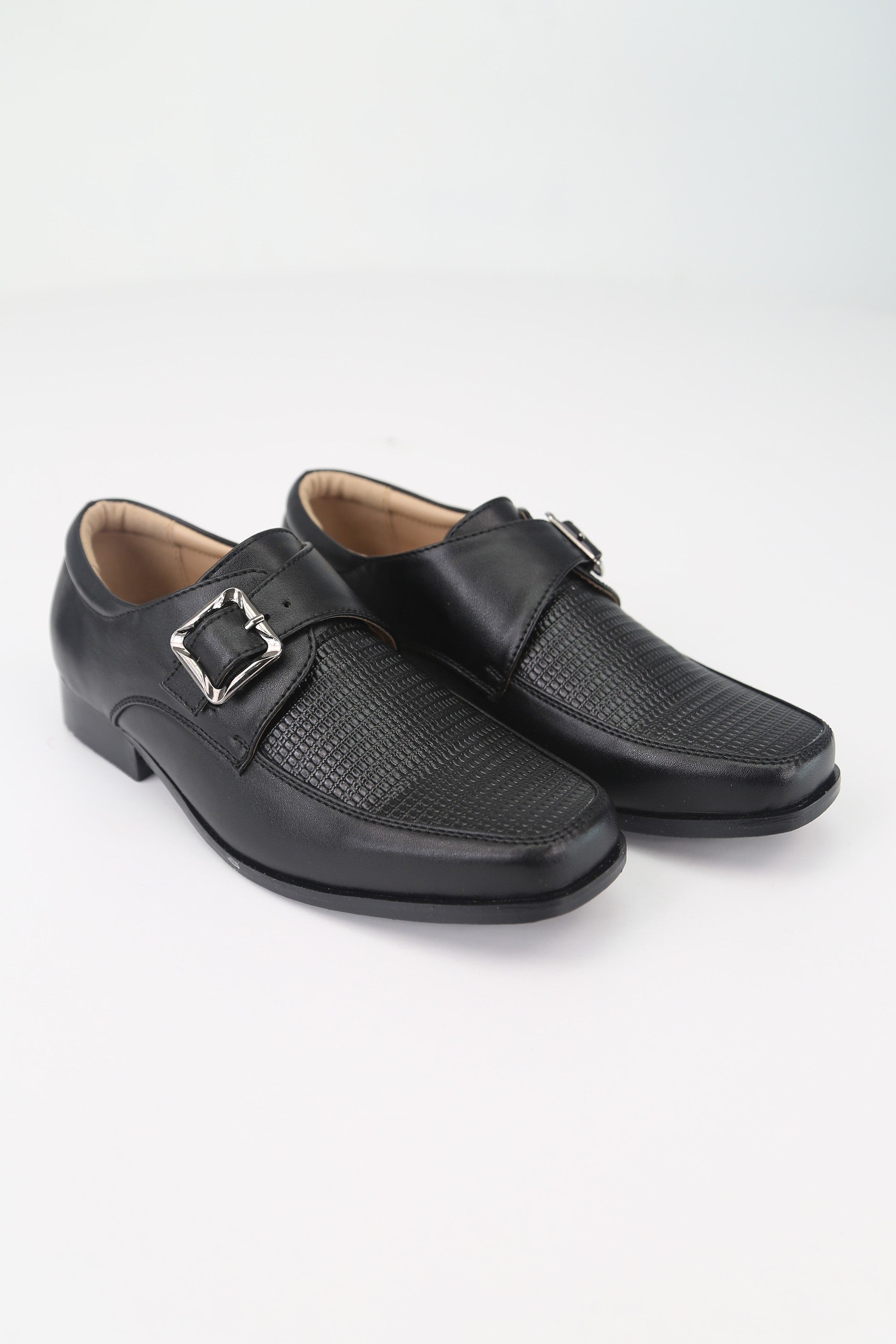 Boys Textured Leather Buckled Monk Shoes - Black