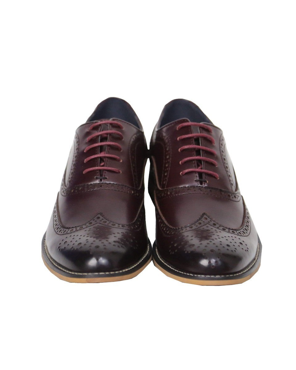 Men's Lace Up Leather Brogue Shoes - OXFORD - Wine