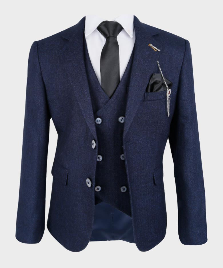 Boys Tailored Fit Herringbone Patterned Suit - TONY - Dark Blue