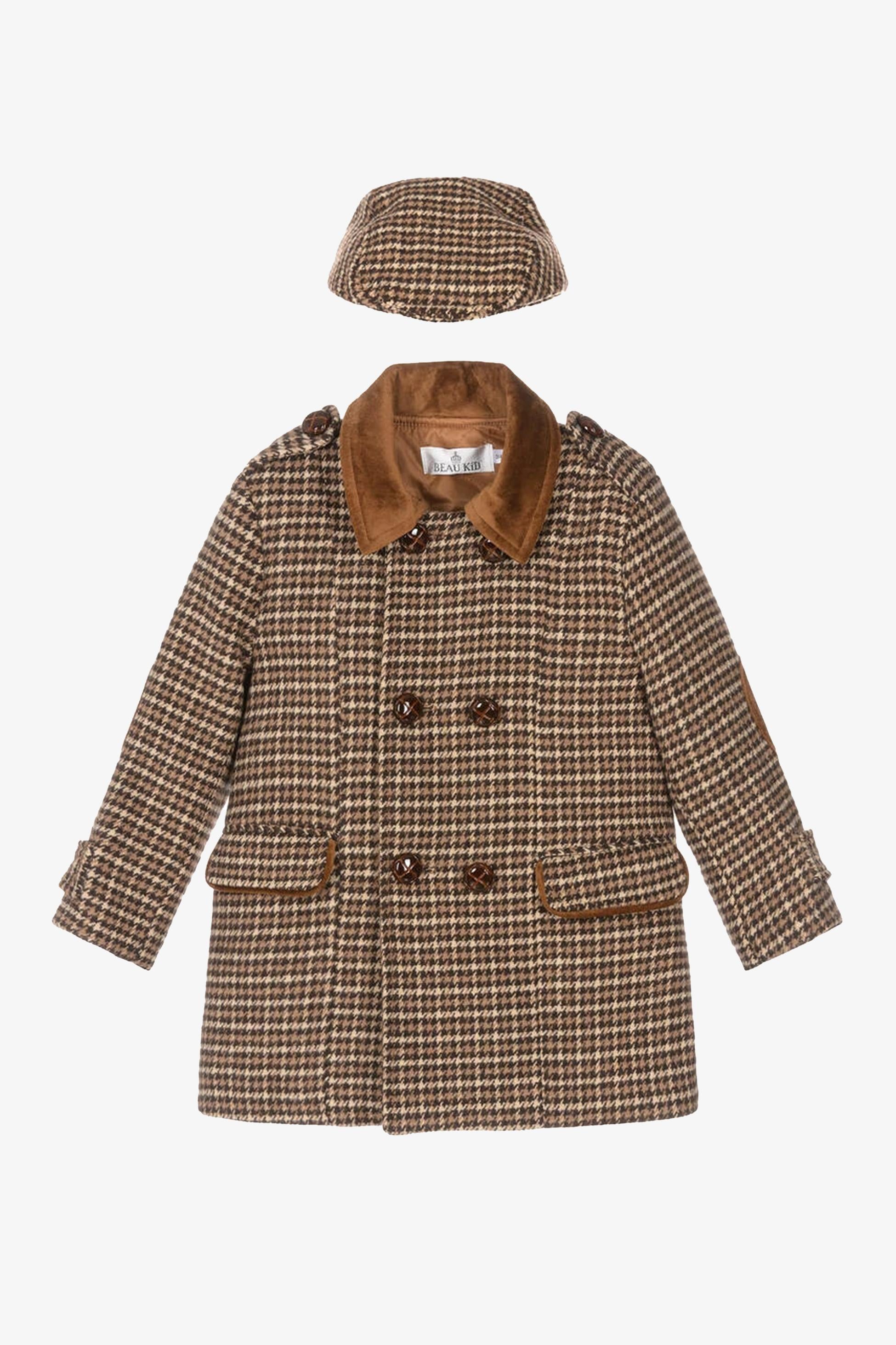 Jungen Tweed Hahnentritt Pea Coat mit passender Mütze - Braun