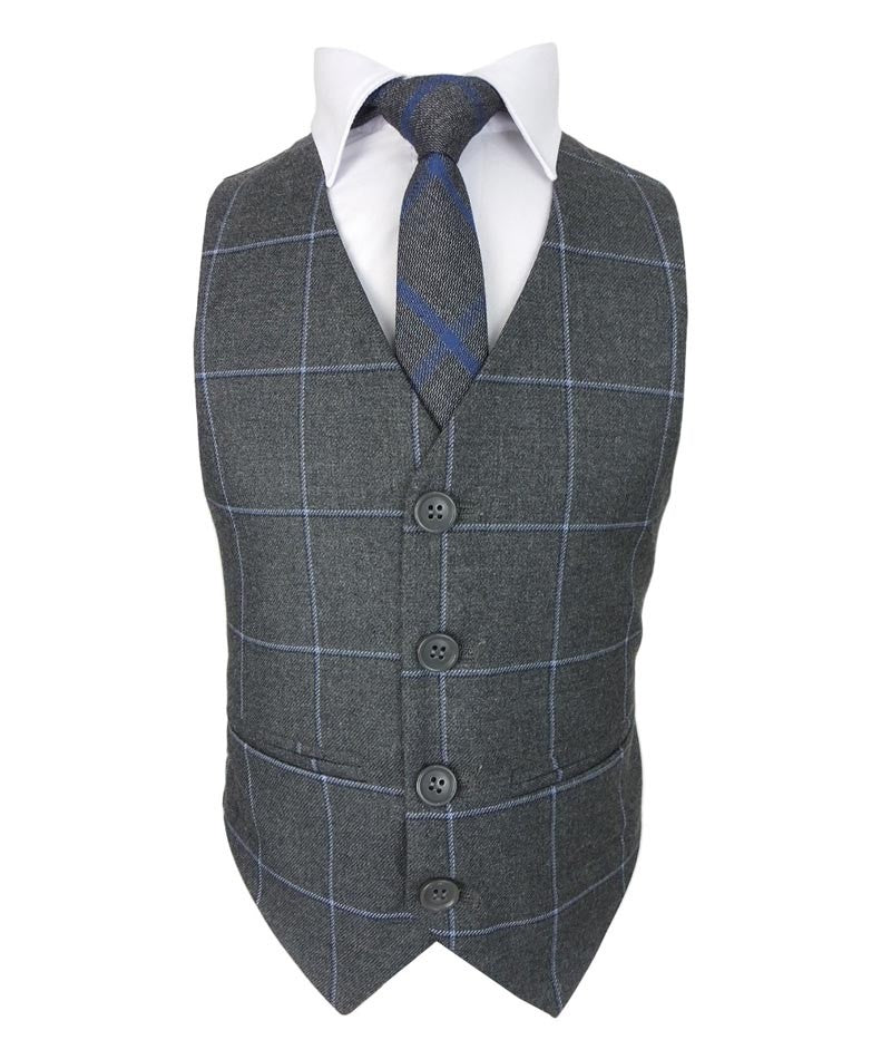 Boys Windowpane Check Slim Fit Suit - Grey - Blue