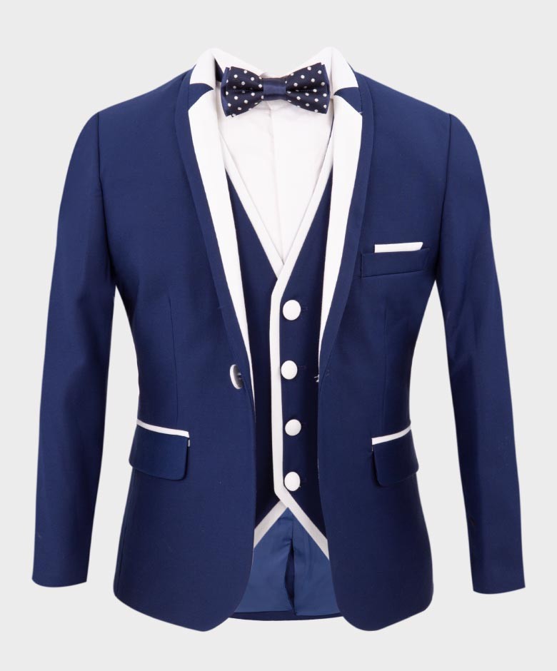 Jungen Exklusiver Piping Tuxedo Anzug - Dunkelblau - Weiß