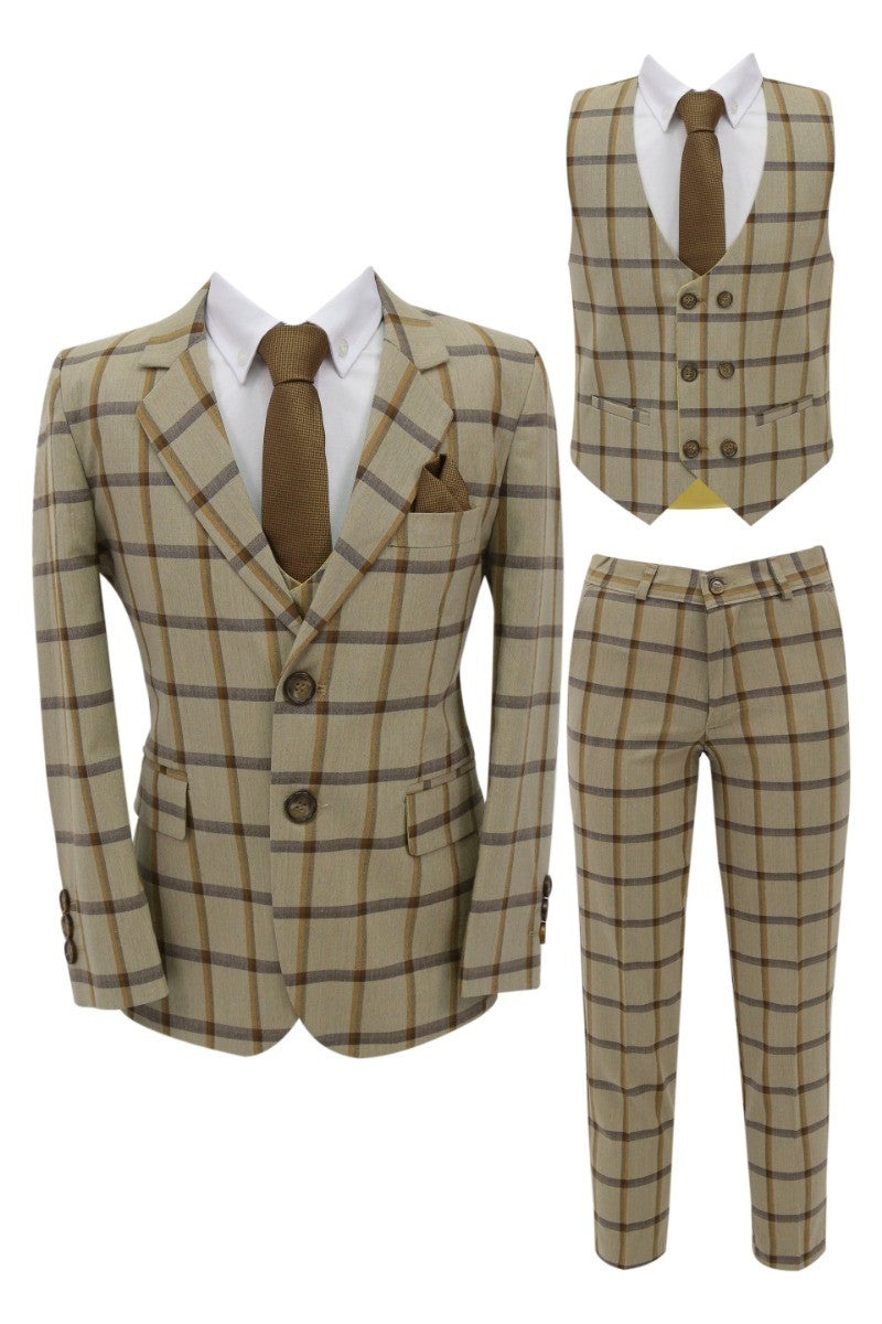 Jungen Windowpane Karo Anzug 7-teiliges Set - Beige