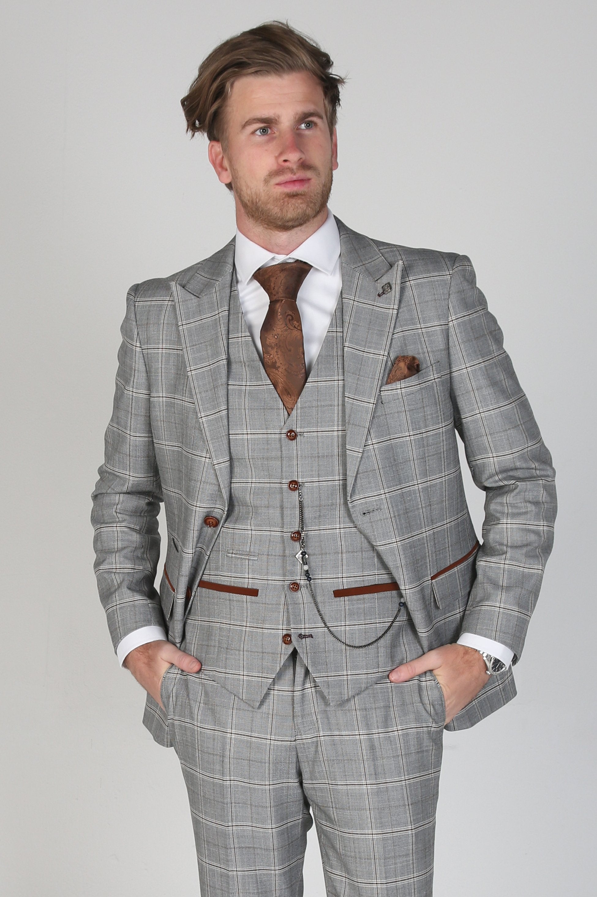 Men's Windowpane Check Grey Suit Jacket- FRANCIS - Grey