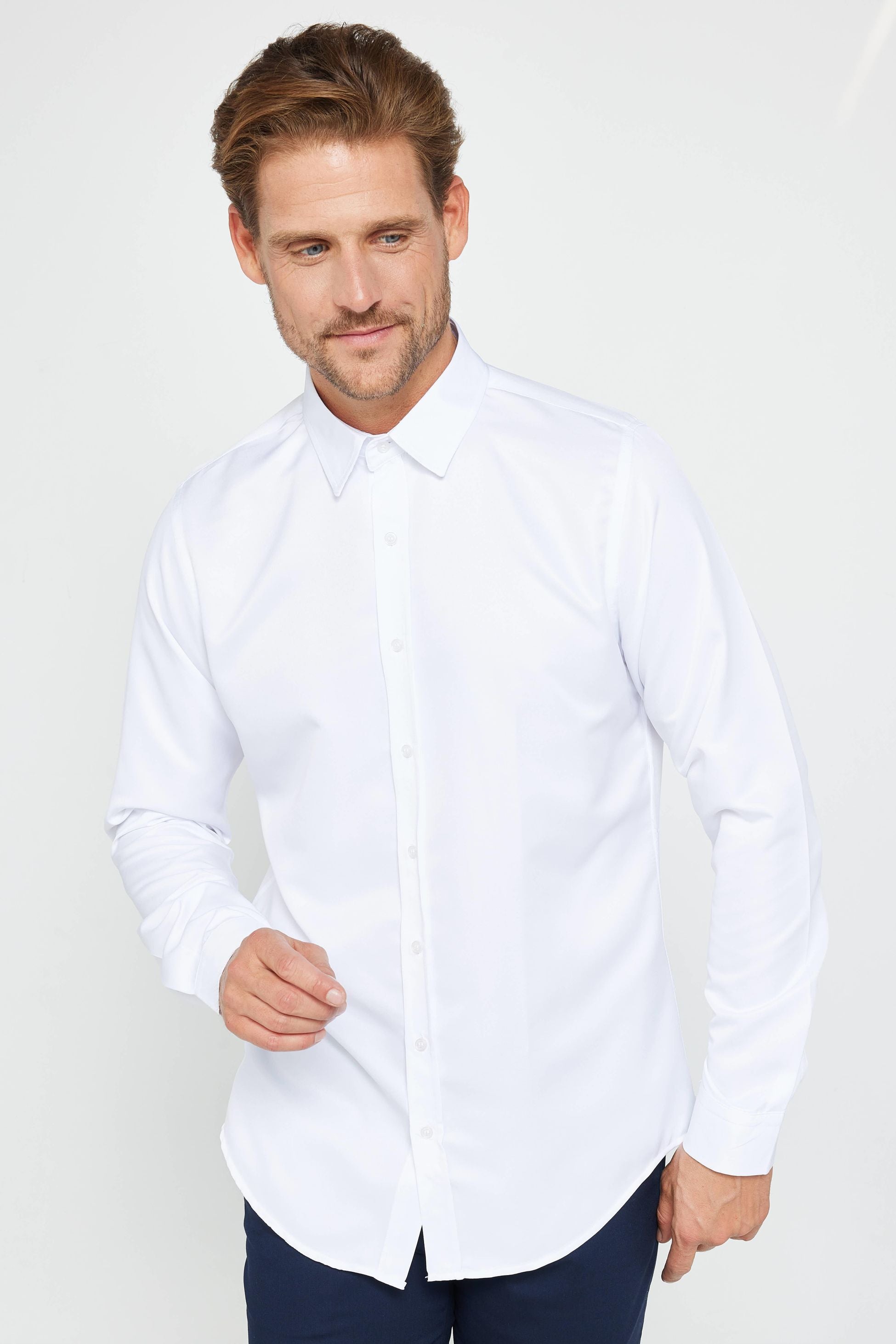 Herren Slim Fit Langarm Hemd - POLY - Weiß