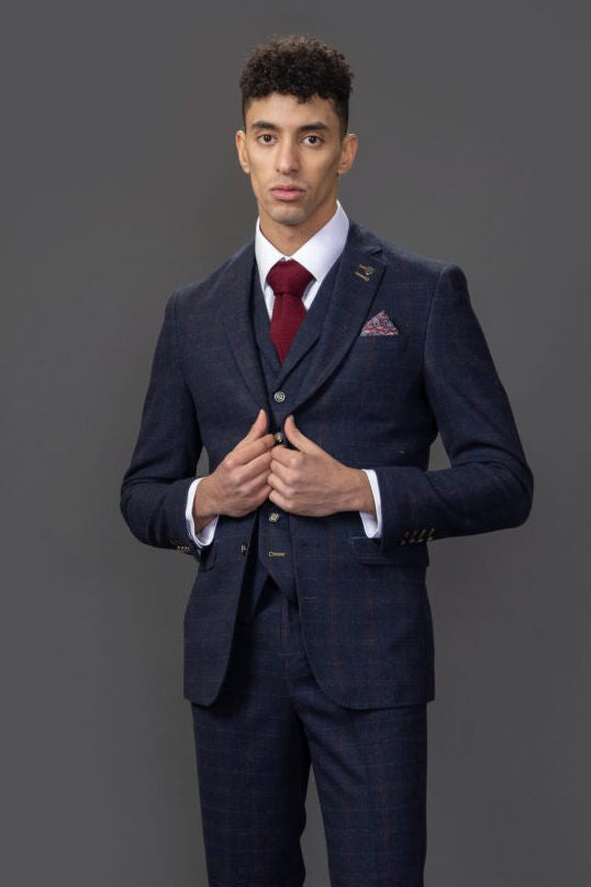 Men's Tweed Windowpane Tailored Fit Navy Suit - RYAN - Navy Blue