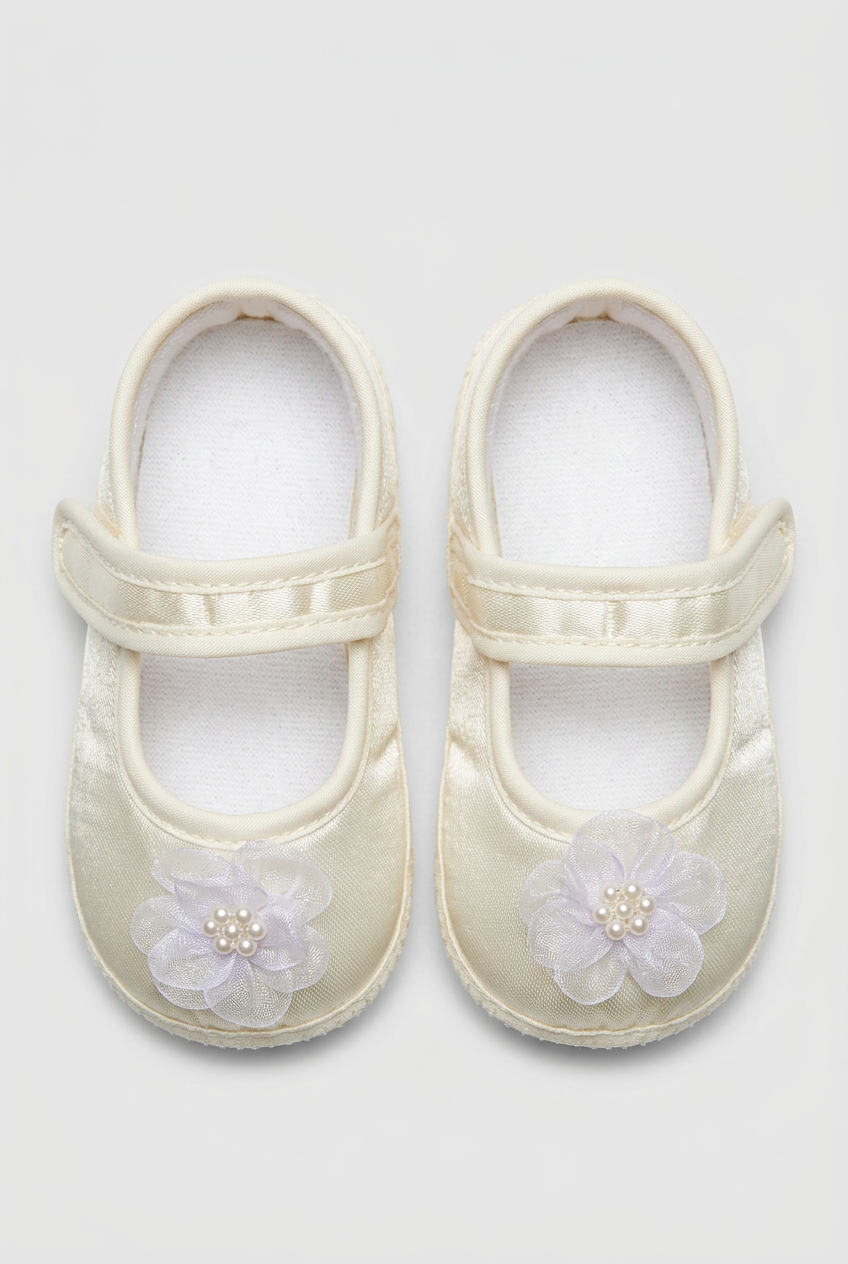 Chaussures de landau en satin avec fleurs pour bébés filles - Ivoire