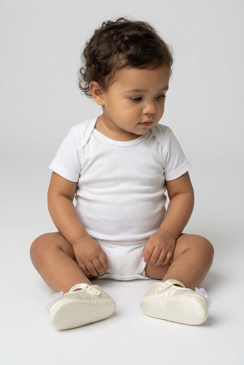 Chaussures de landau en satin avec fleurs pour bébés filles - Ivoire