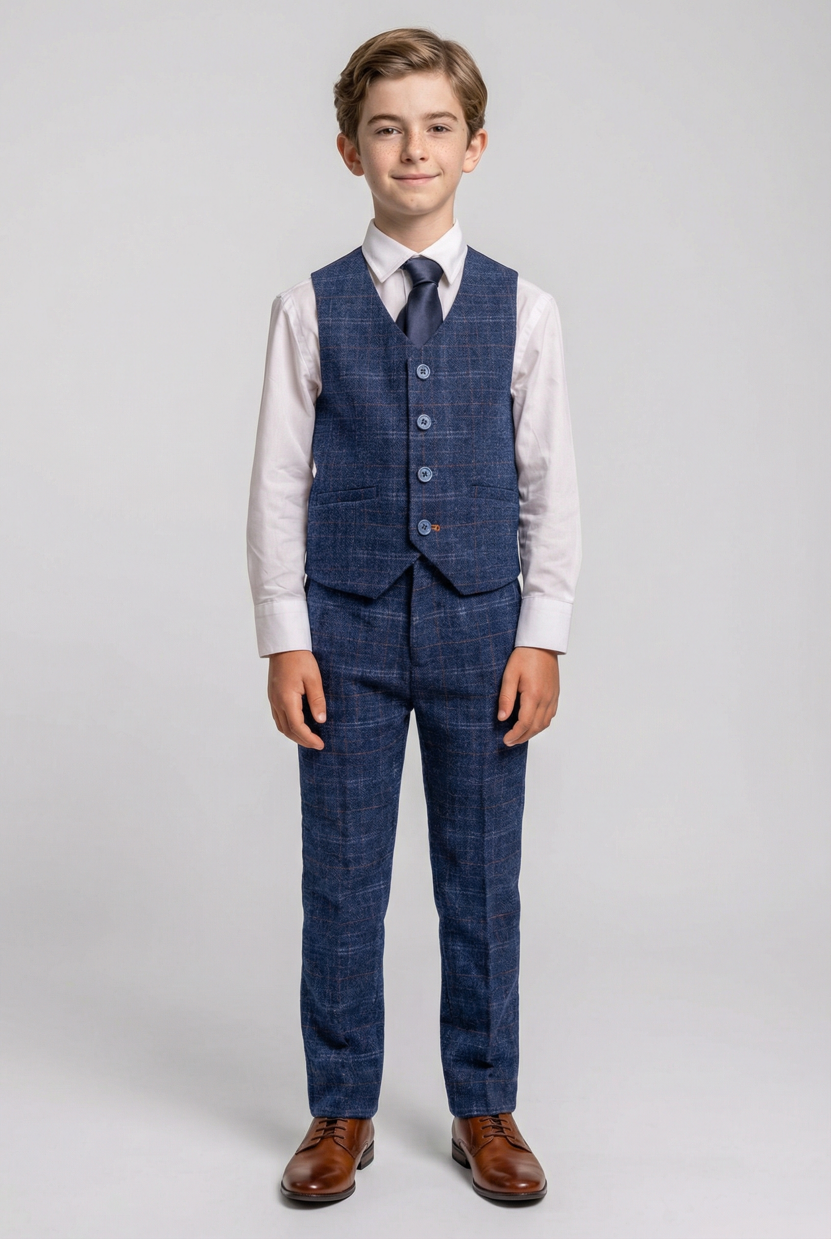 Boys Tweed Check Navy Slim Fit Suit - KAISER - Navy Blue