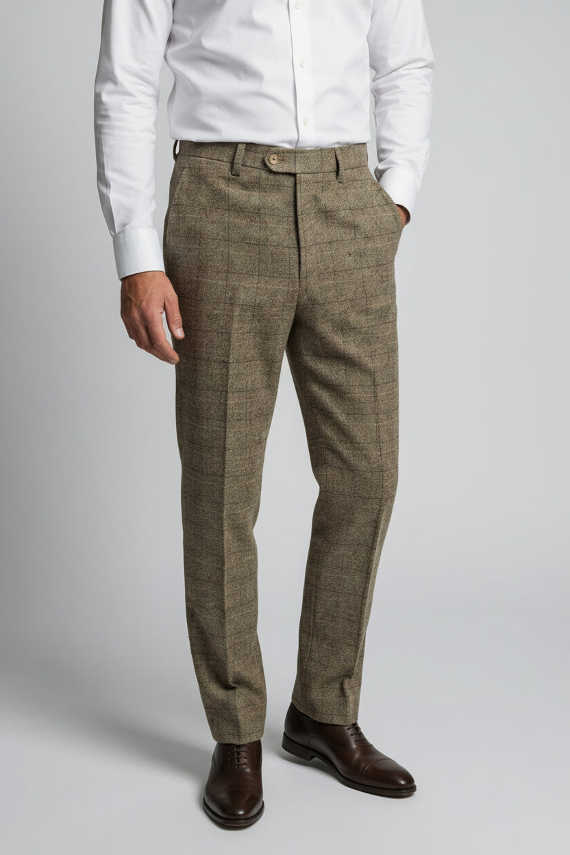 Men's Tweed Windowpane Check Trousers - LIAM Beige