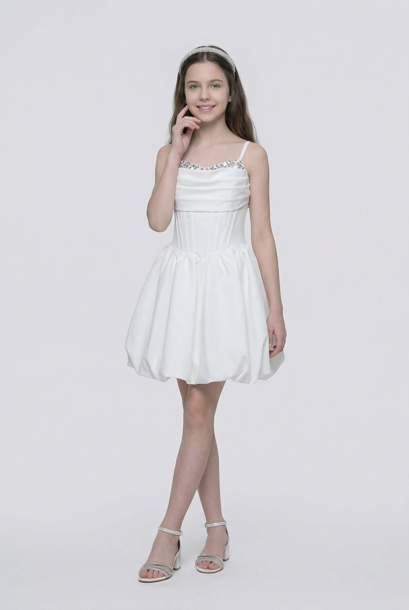 Girls Balloon Hem Party Dress with Crystal Trim - White
