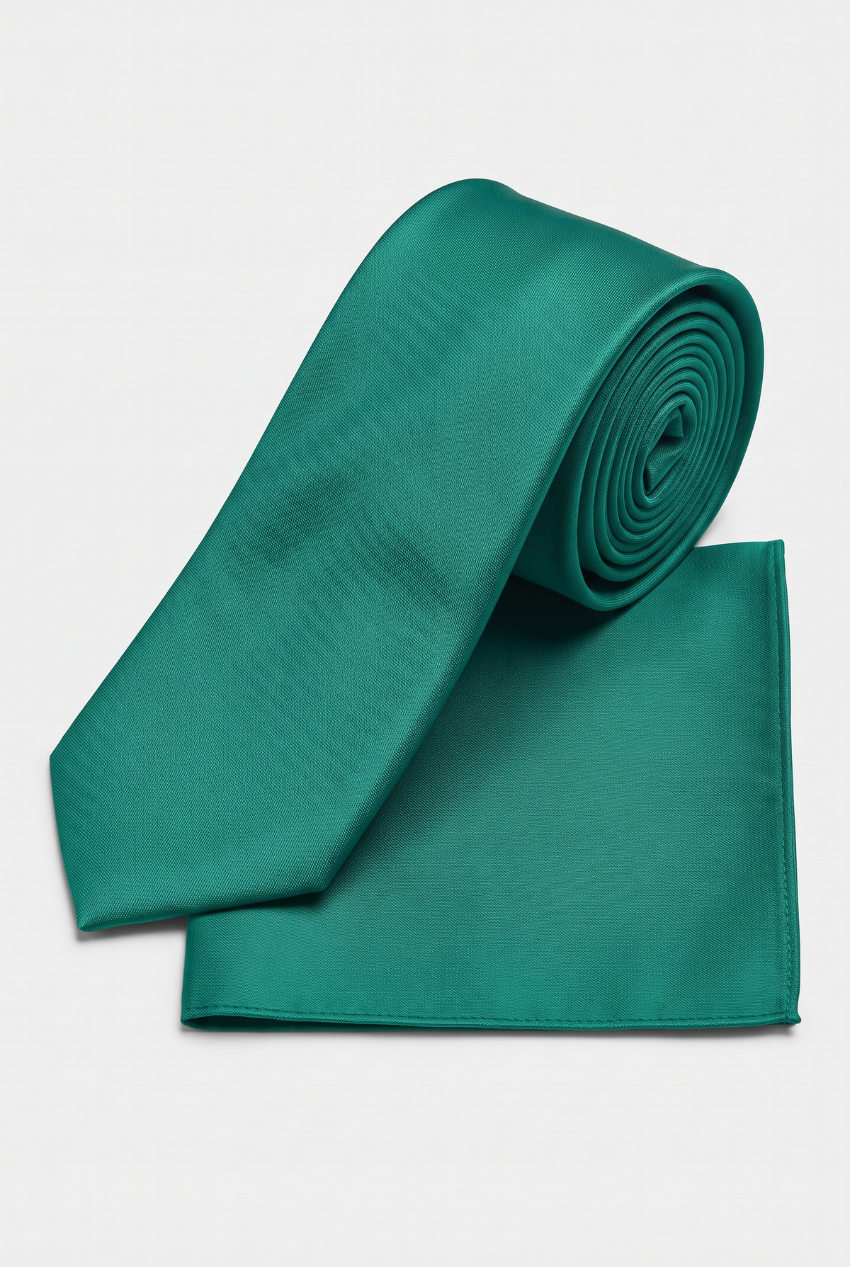 Green satin tie and matching pocket square set, rolled view 