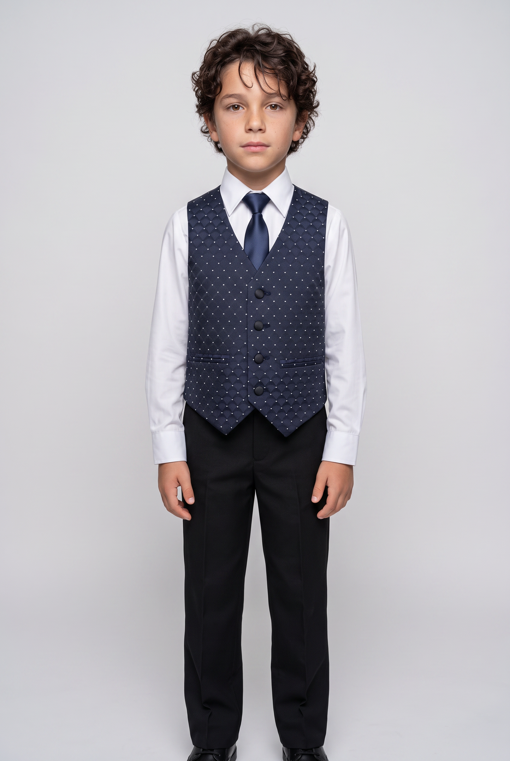 Abito da smoking blu navy trapuntato a pois per ragazzi