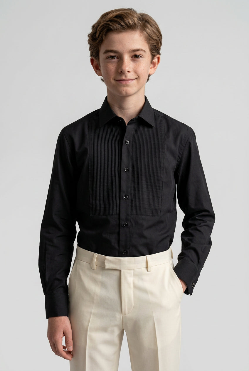 Herren Baumwollhemd mit Flügelkragen und plissierten Manschettenknöpfen – Schwarz