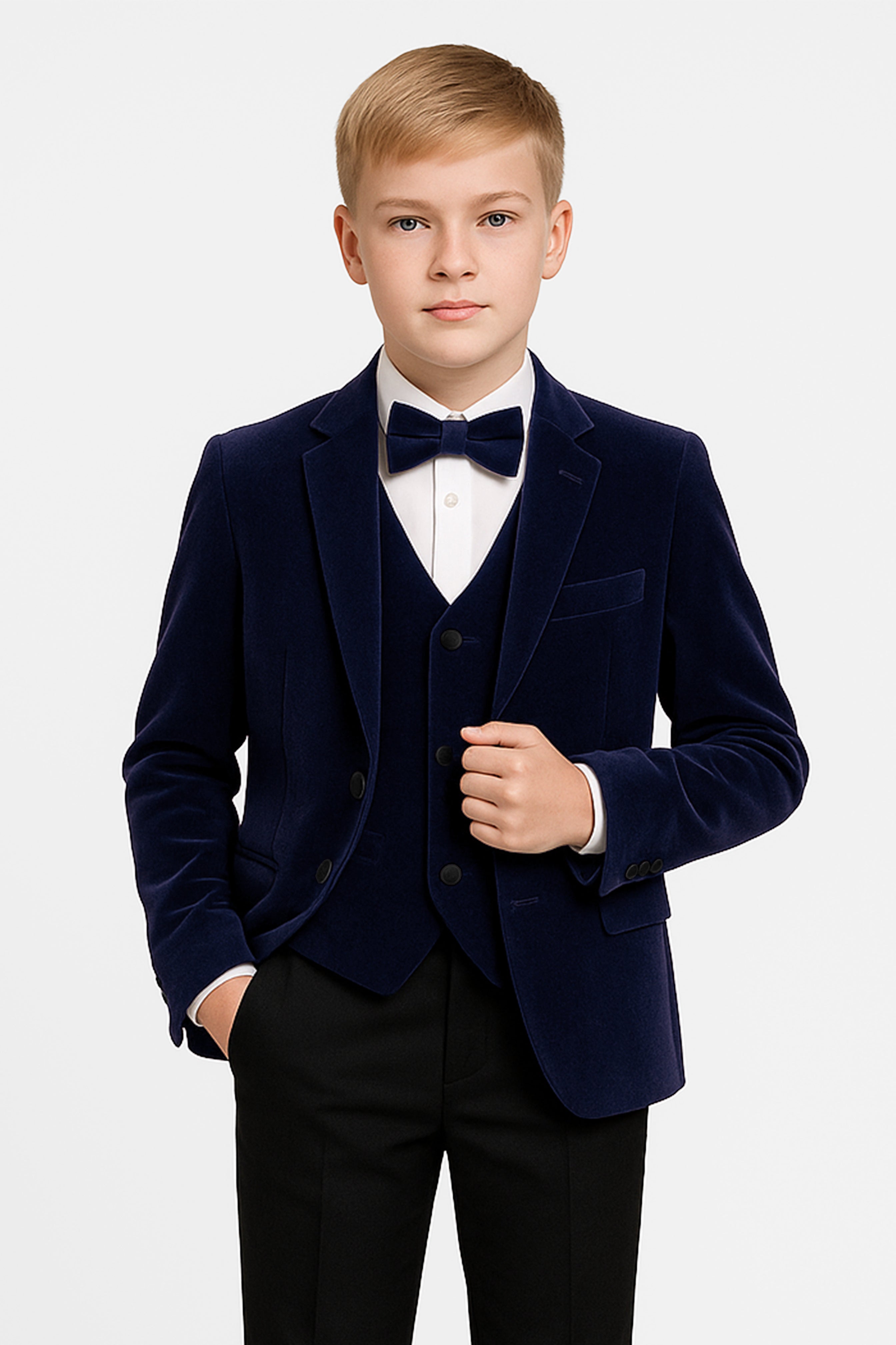 Slim Fit Samt-Smokinganzug für Jungen – 3-teilig &amp; 5-teilig – SAVOY – Marineblau