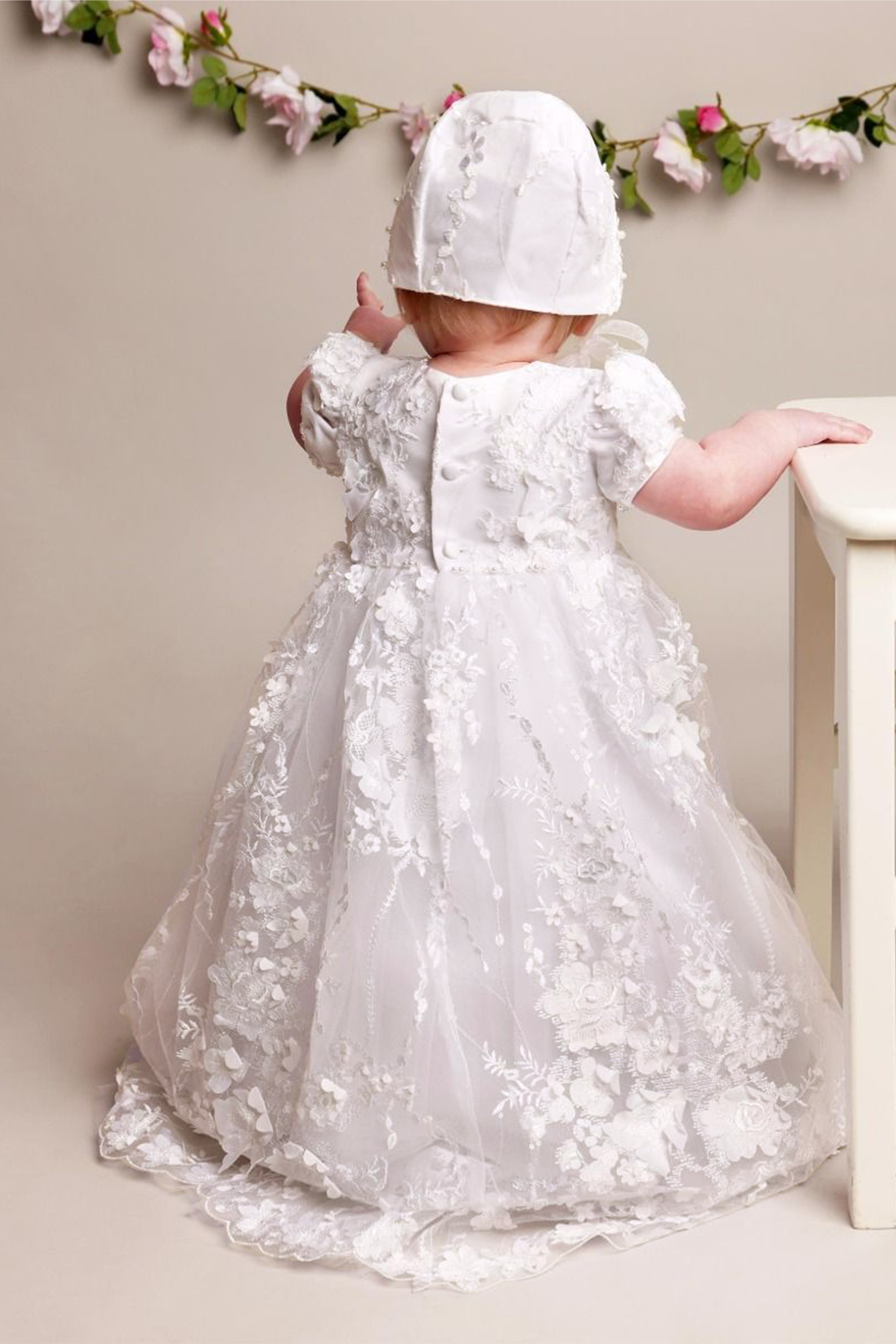 Baby Mädchen Spitzen Erbstück Taufkleid & Häubchen - RACHEAL - Offwhite