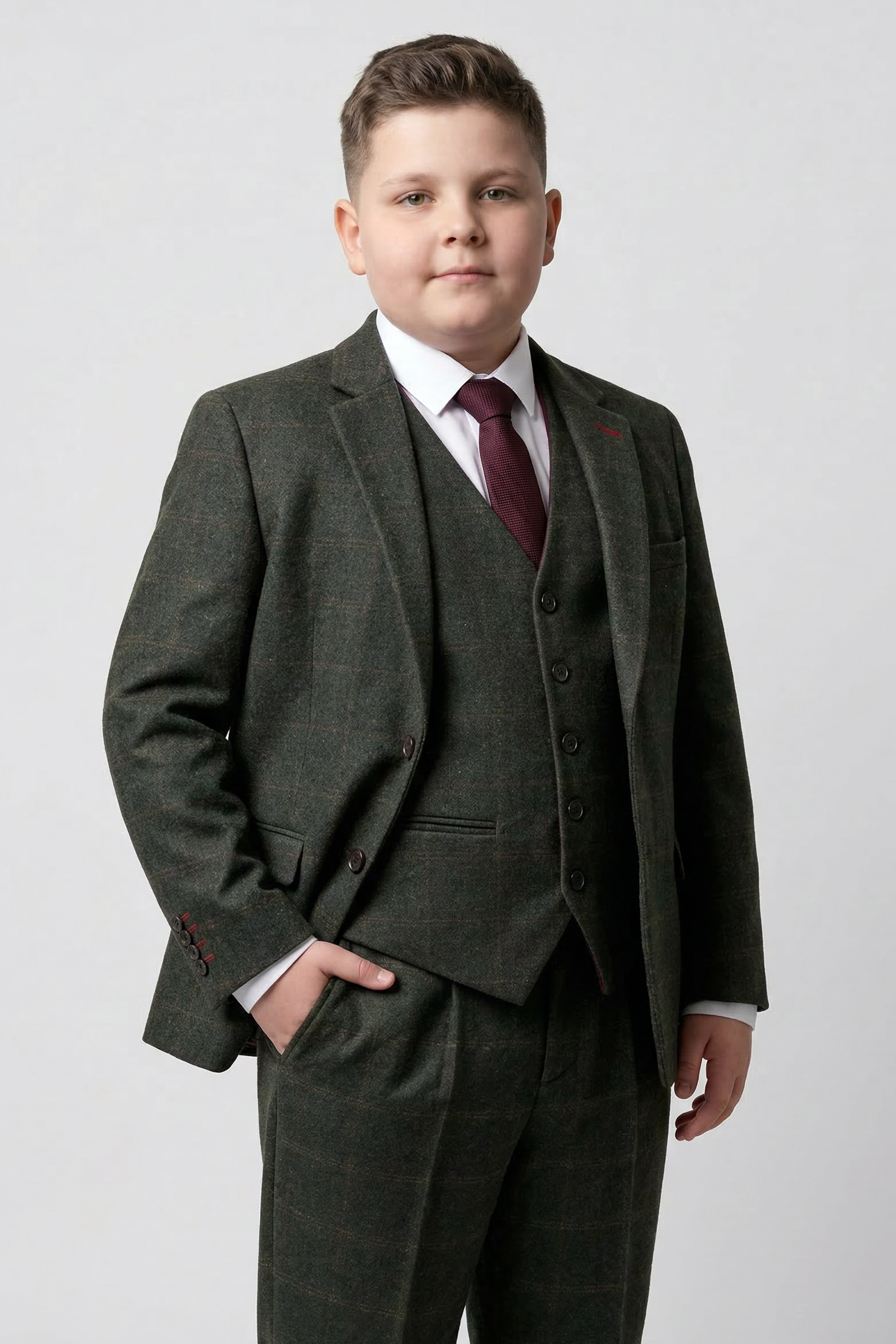 Baba ve Oğul Uyumlu Kareli Yün Tweed 3 Parça Takım Elbise Takımı - Joshua - Koyu Yeşil